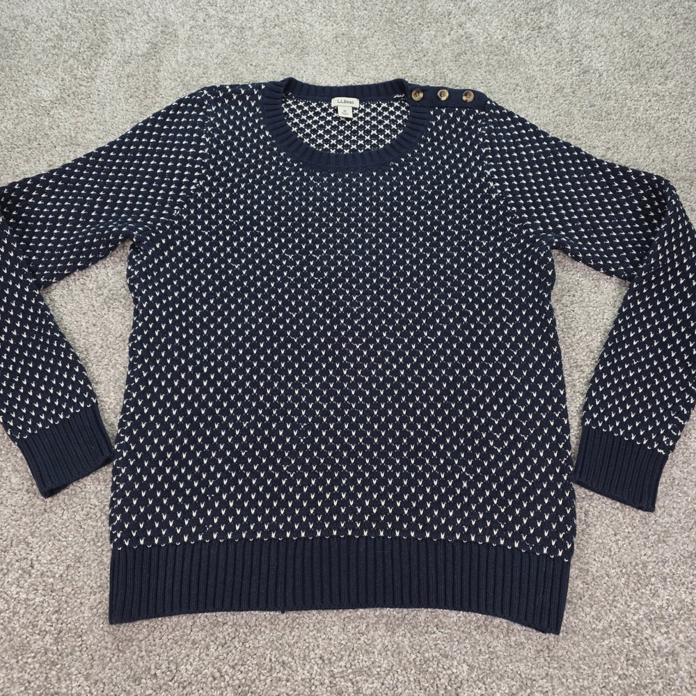 LL Bean Womens Navy Blue Birdseye Cotton Knit Shoulder Button Sweater M 294094
